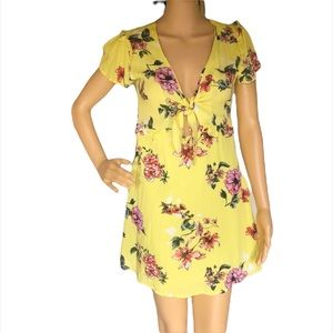 Bleuh Ciel Mini Dress Yellow Floral Tie Front Open Back Size Small